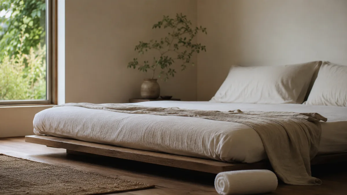 Low platform bed with crisp neutral sheets beside a bare window