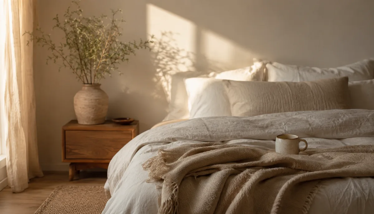 Serene bedroom corner with a soft throw folded at the foot of the bed