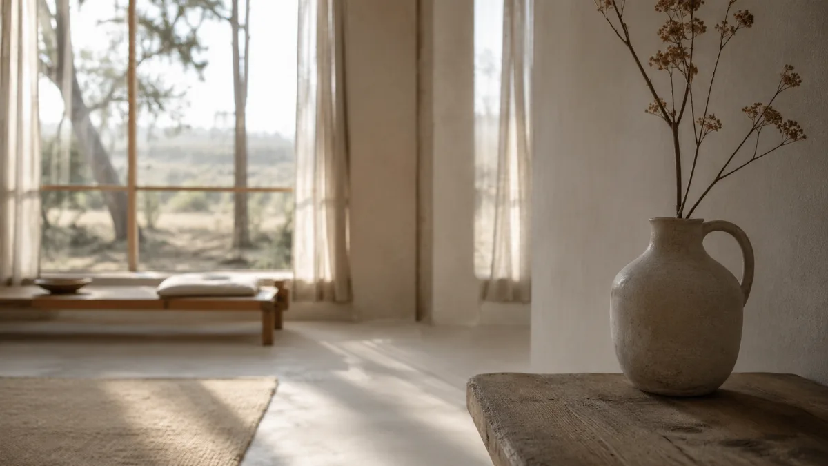 Calm minimalist interior with natural light and a few simple objects