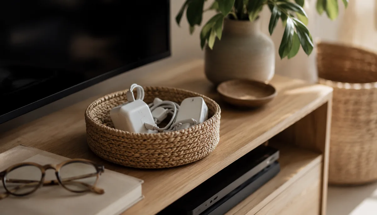 Tidy media console with charging cables tucked into a small woven basket