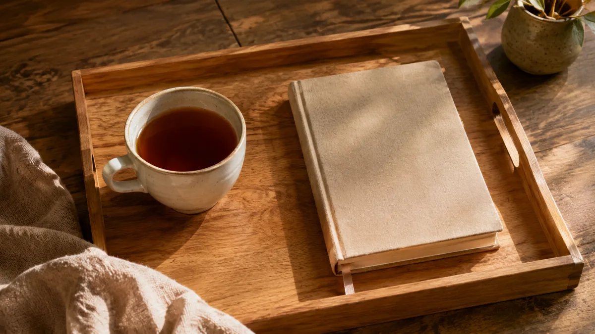 Simple morning tray with tea and a journal