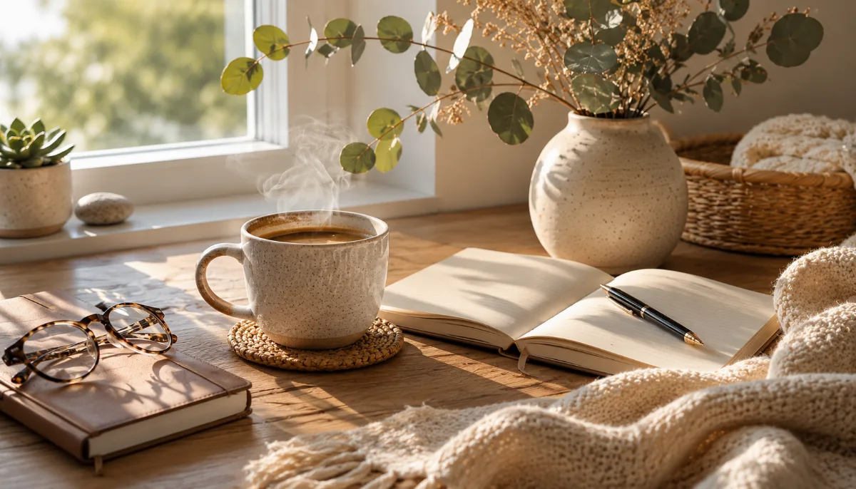 Bright morning scene with coffee and a notebook by a window