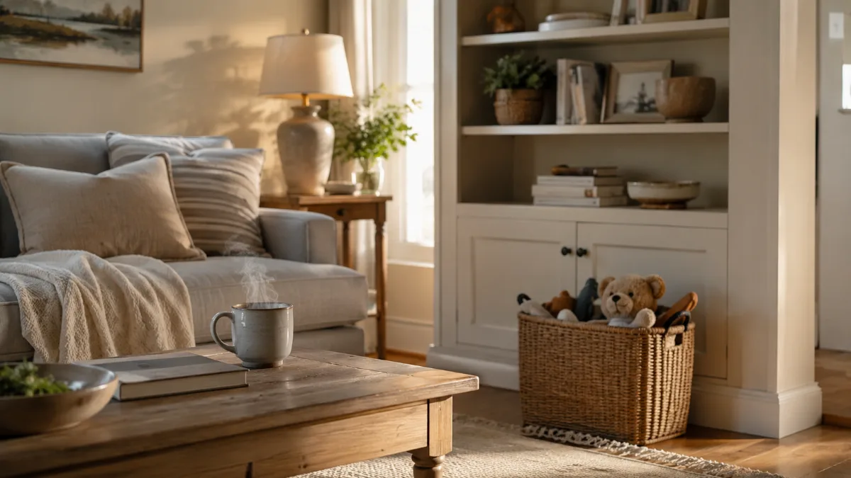 Family living room with a basket of toys neatly tucked away