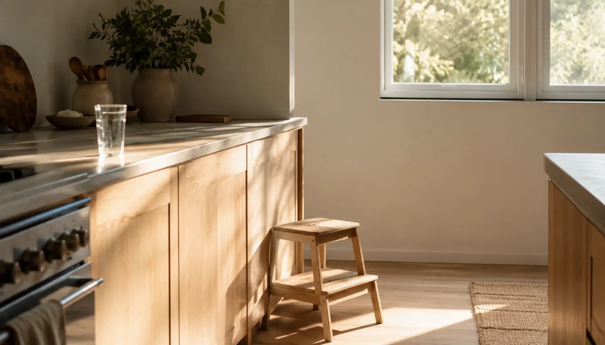 Calm family kitchen corner with a small step stool