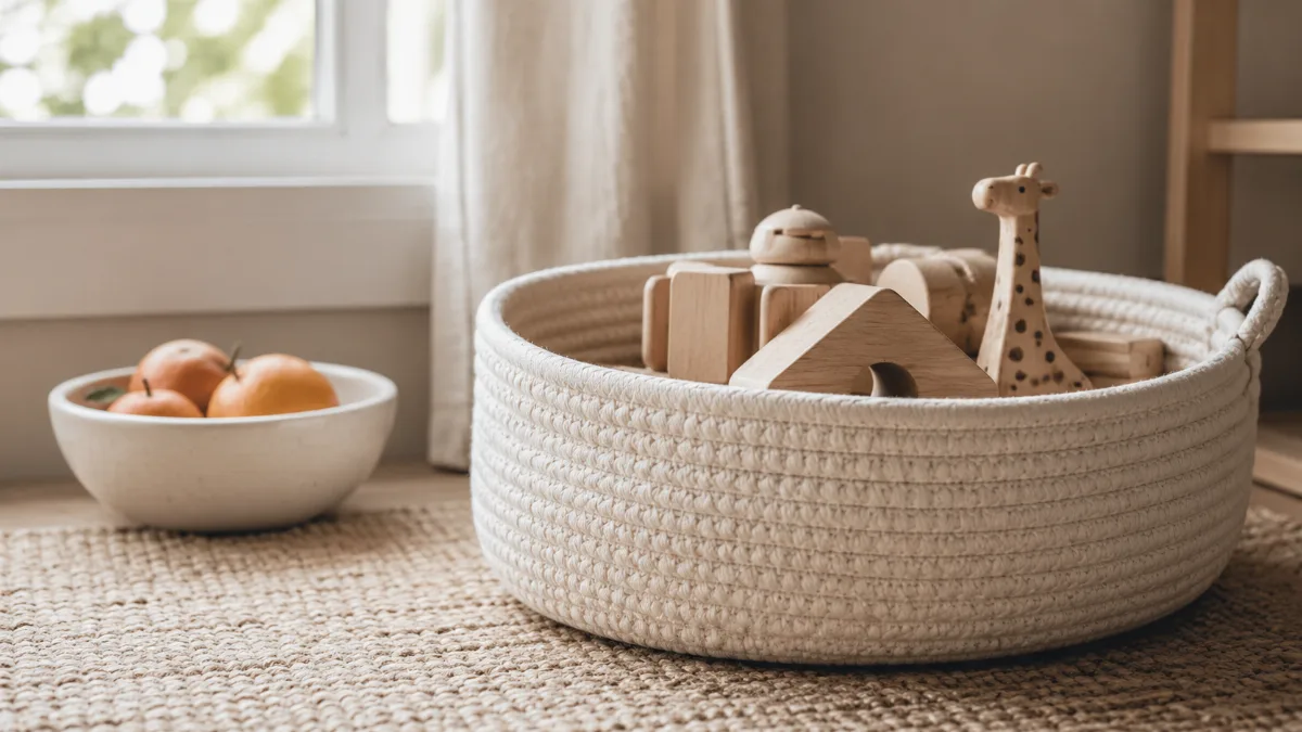 Tidy children's play corner with a few wooden toys in a soft basket