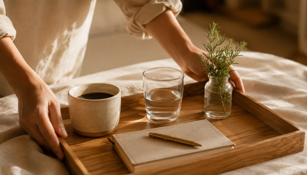 Simple morning tray with coffee, water and a small journal
