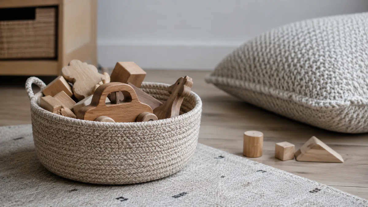 Tidy children's play corner with a few wooden toys in a soft basket