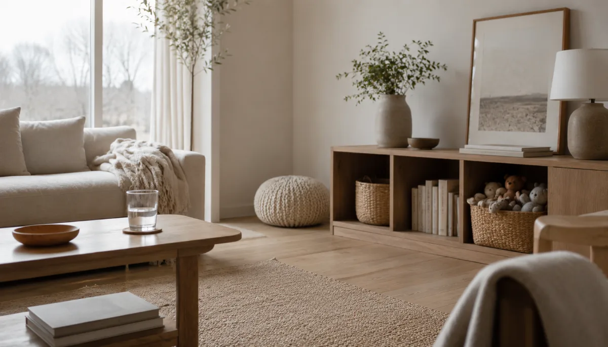 Family living room with a basket of toys neatly tucked away