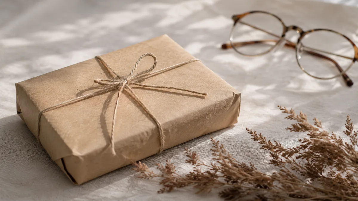 Single wrapped parcel tied with string beside dried foliage