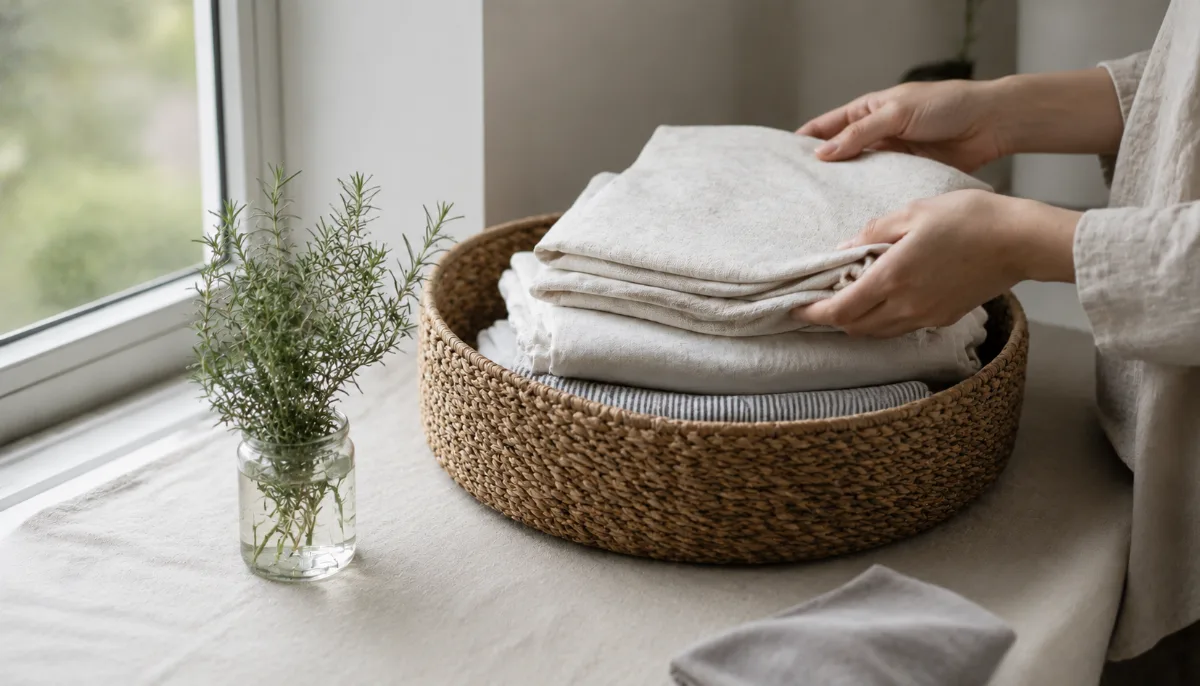Folded laundry stacked in a woven basket by a window