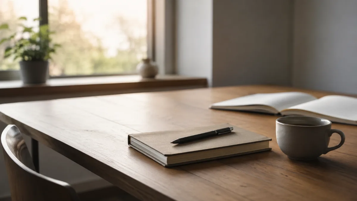 Clean wooden desk by a window with a notebook, pen and a cup of coffee