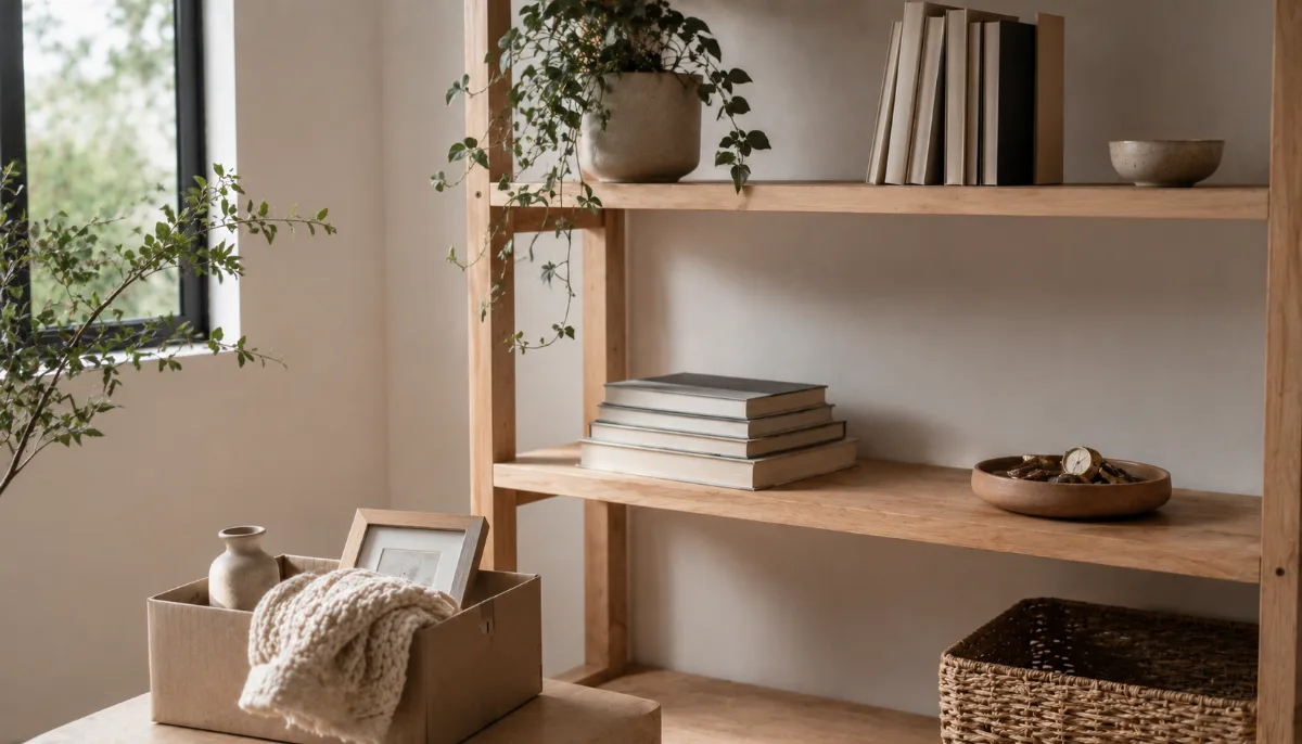 Tidy shelf mid-organization with a few items set aside in a box