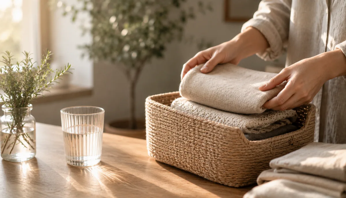 Hands folding items into a small storage basket