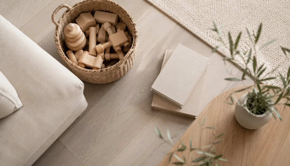 Tidy family room with a basket of wooden toys