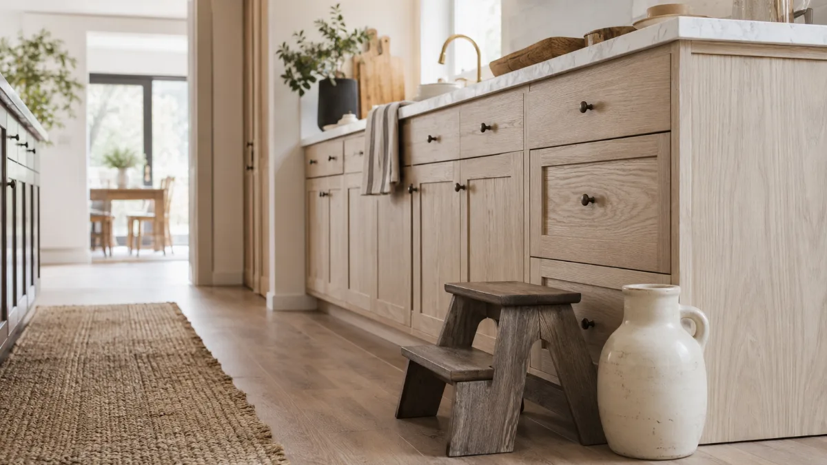 Calm family kitchen corner with a small step stool