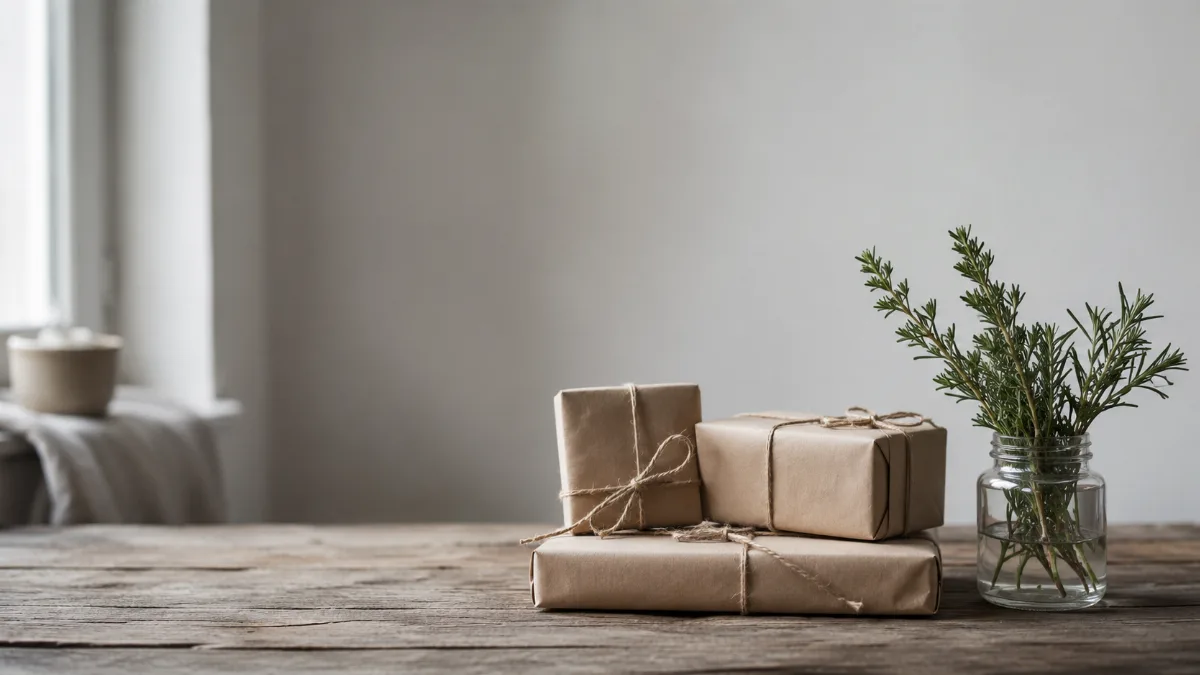 Simply wrapped gifts in plain kraft paper with natural twine on a table