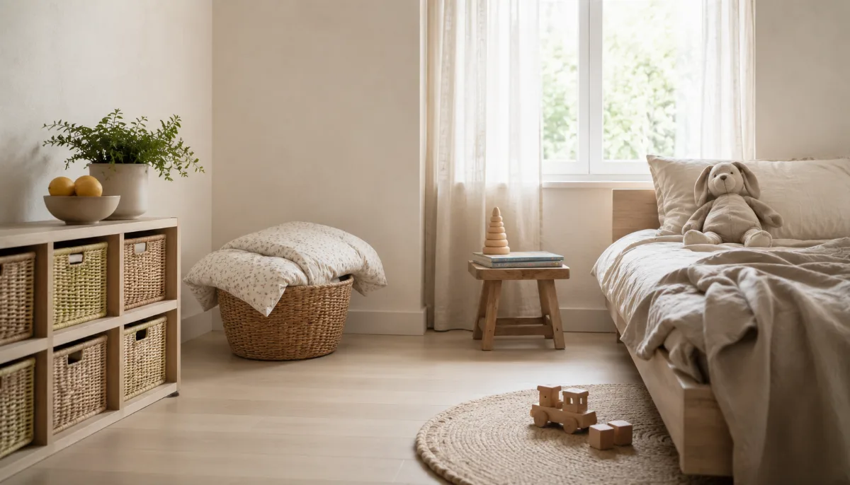 Simple child's room with folded blankets and a soft toy