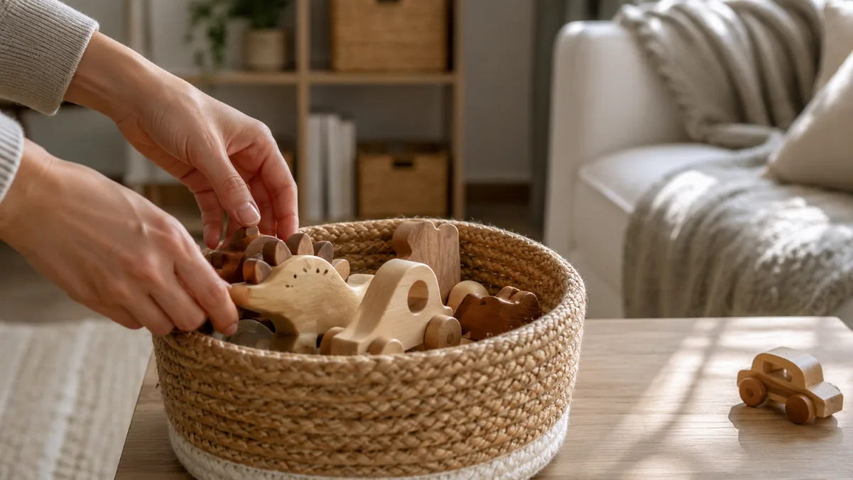 Tidy family room with a basket of wooden toys