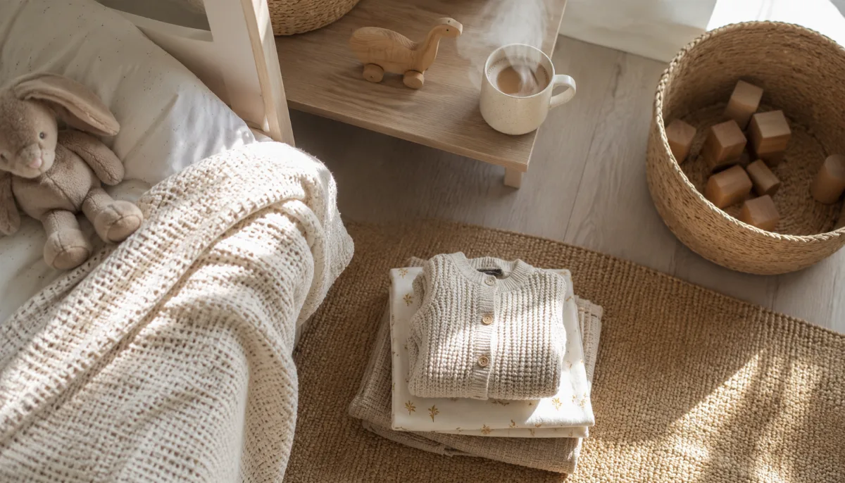 Simple child's room with folded blankets and a soft toy