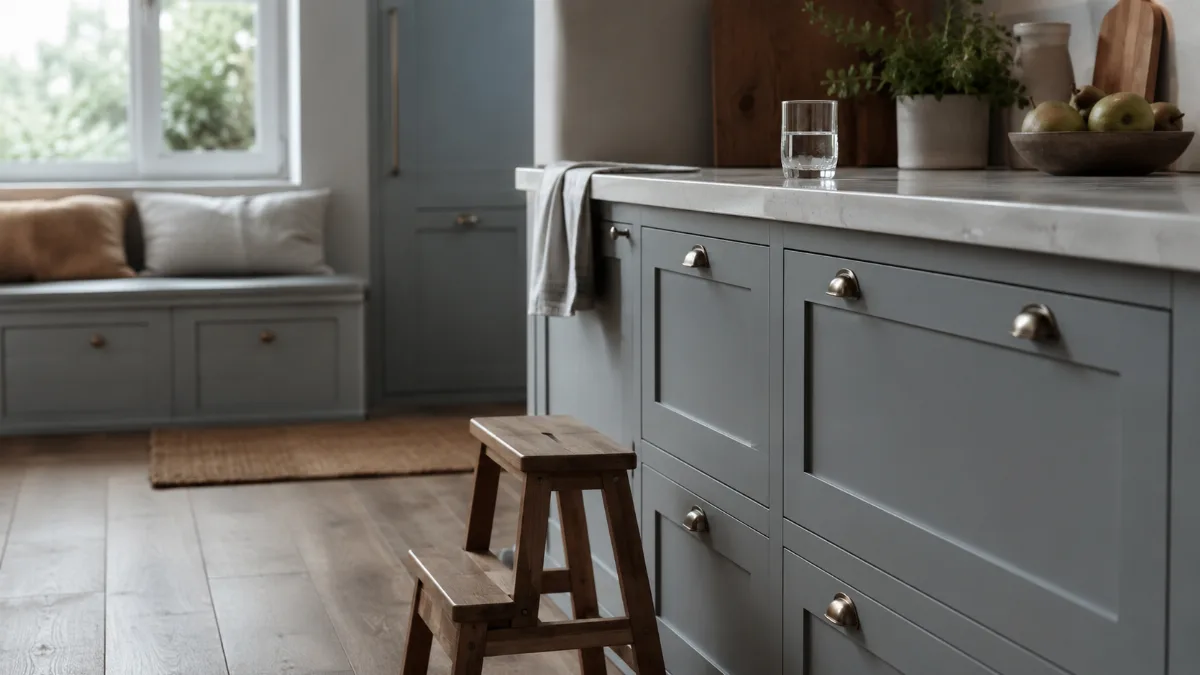 Calm family kitchen corner with a small step stool