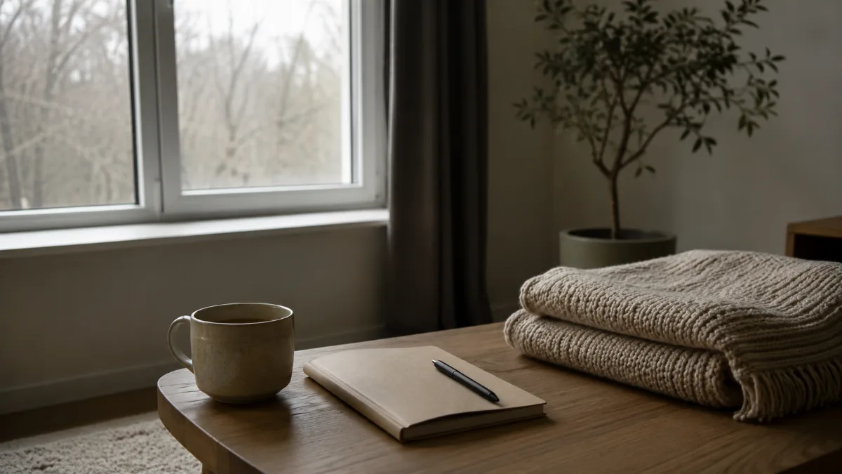 Calm evening corner with tea and a folded blanket
