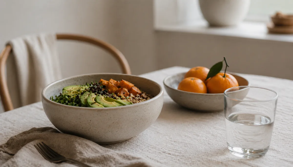 Minimalist table set with a single wholesome bowl