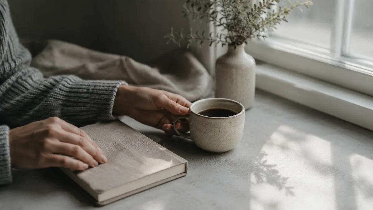 Bright morning scene with coffee and a notebook by a window