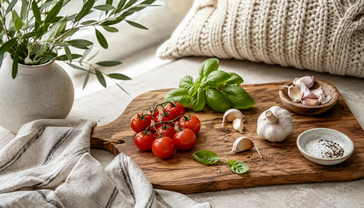Calm kitchen counter with fresh simple ingredients on a wooden board