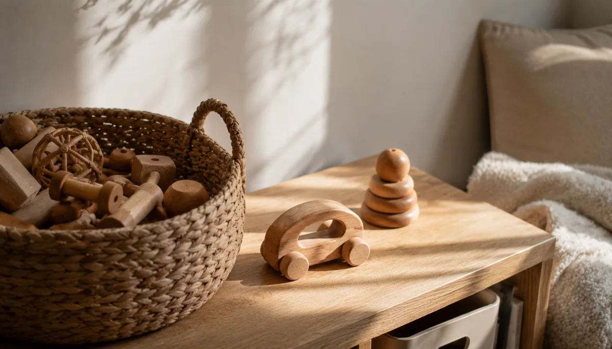 Tidy family room with a basket of wooden toys