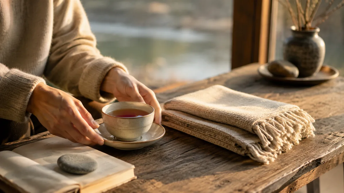 Calm evening corner with tea and a folded blanket