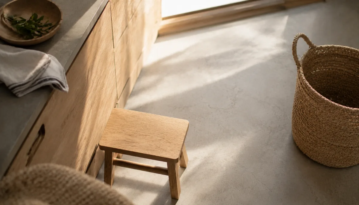 Calm family kitchen corner with a small step stool