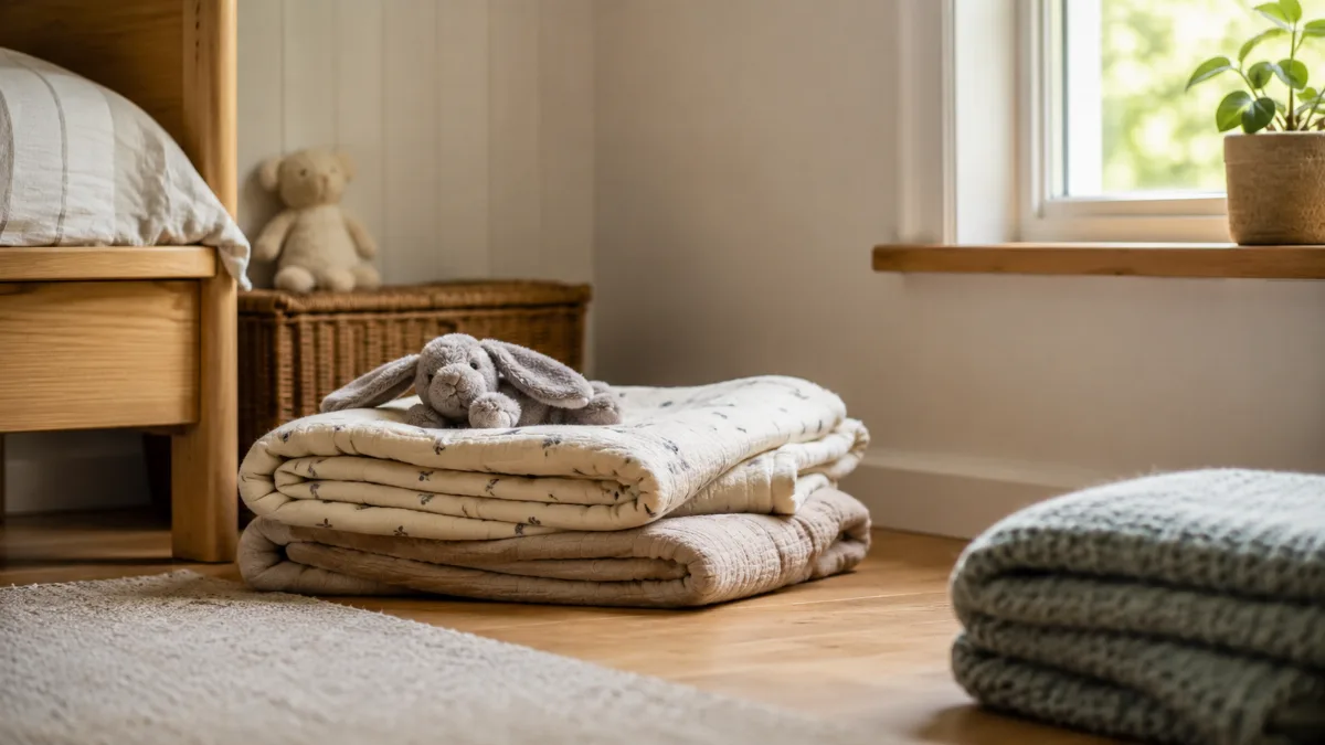 Simple child's room with folded blankets and a soft toy