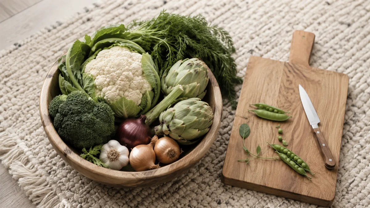Wooden bowl of vegetables beside a chopping board