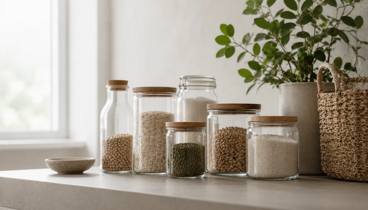 Row of refillable containers beside a leafy green plant