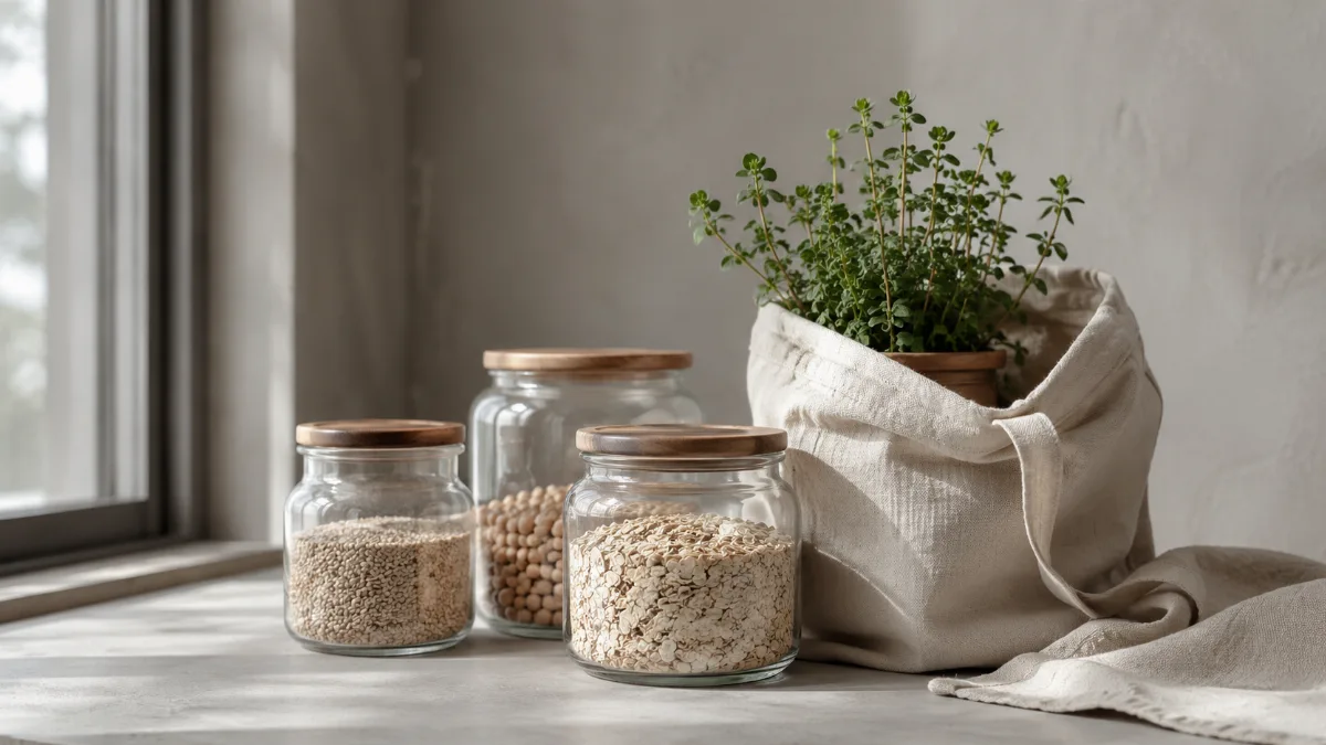 Reusable jars and a cloth bag with a small potted plant