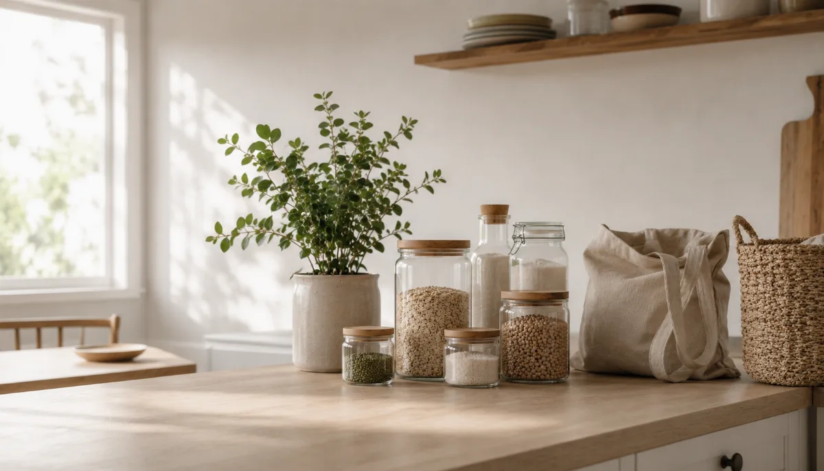 Refillable containers and a leafy plant on a wooden counter
