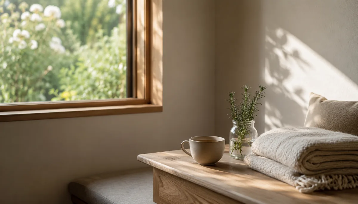 Calm evening corner with tea and a folded blanket