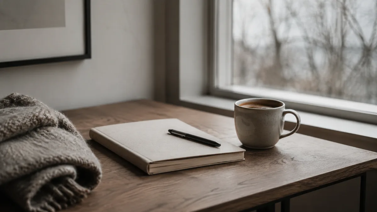 Clean wooden desk by a window with a notebook, pen and a cup of coffee