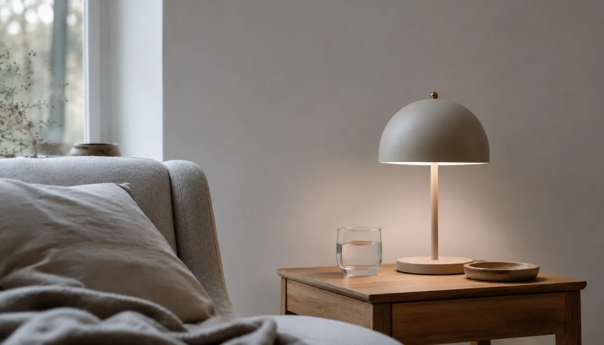 Small table lamp casting a soft pool of light on a side table