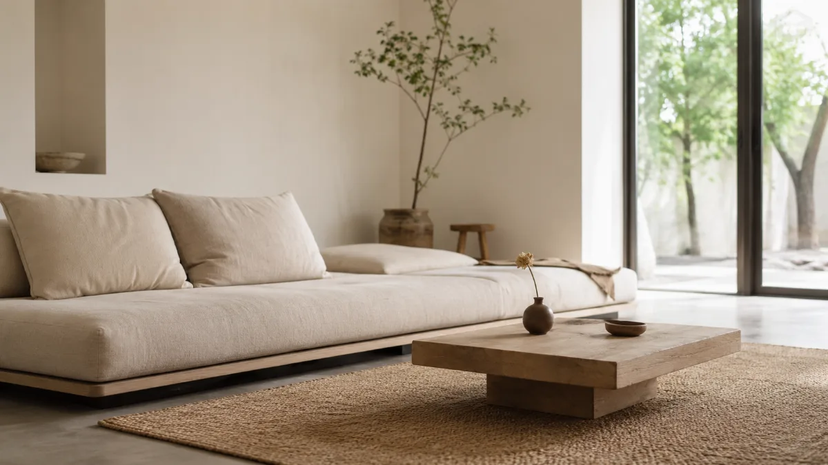 Calm, uncluttered living space with simple low furniture