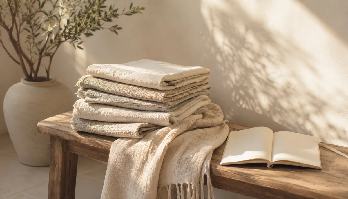 Layered beige and oatmeal fabrics folded on a bench