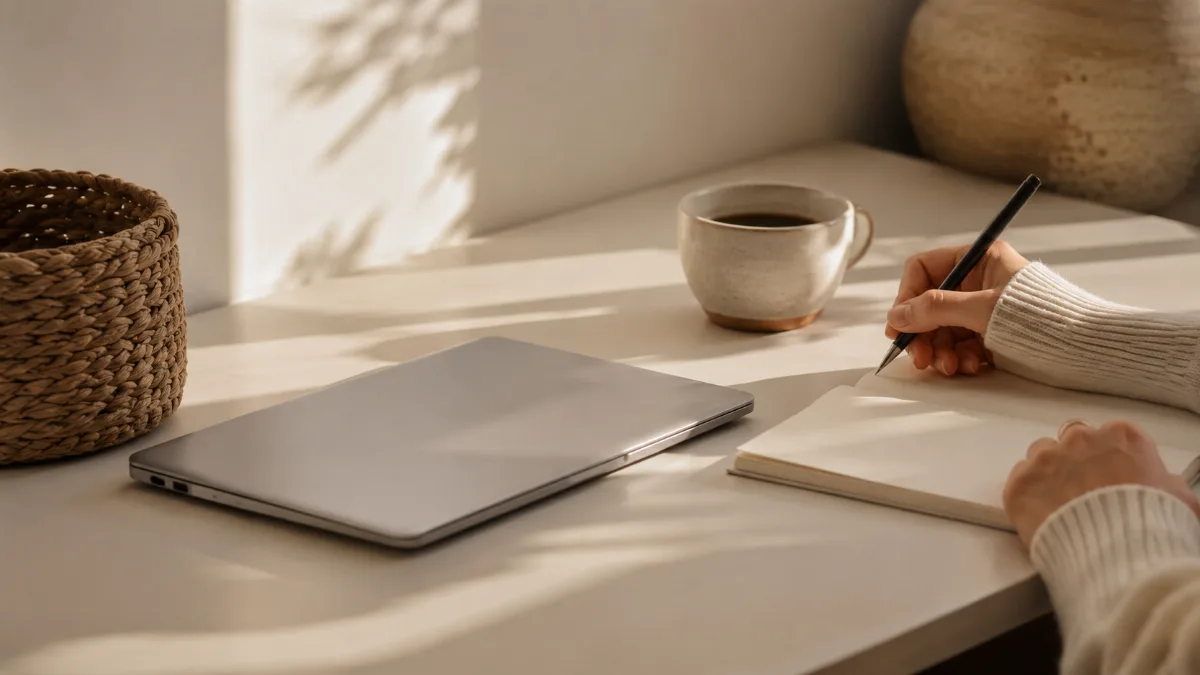 Clean desk with one closed laptop and a cup of coffee