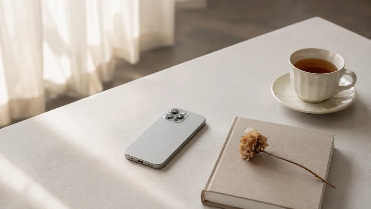 Single phone face-down beside a book and a cup of tea