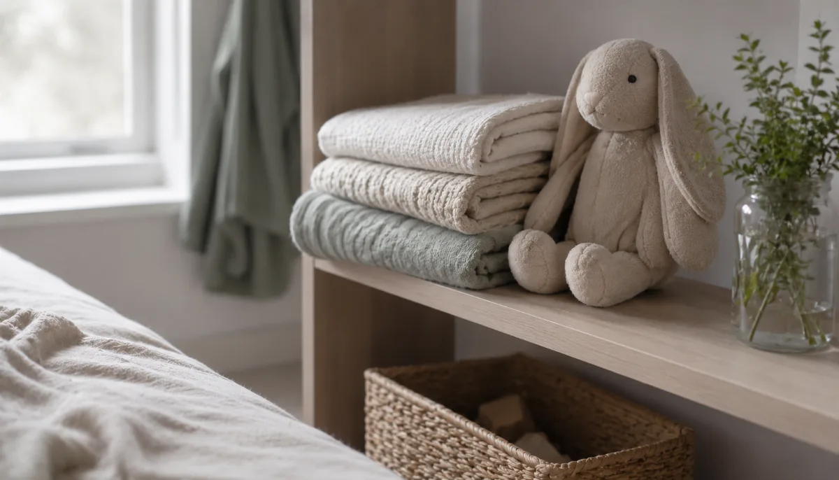Simple child's room with folded blankets and a soft toy