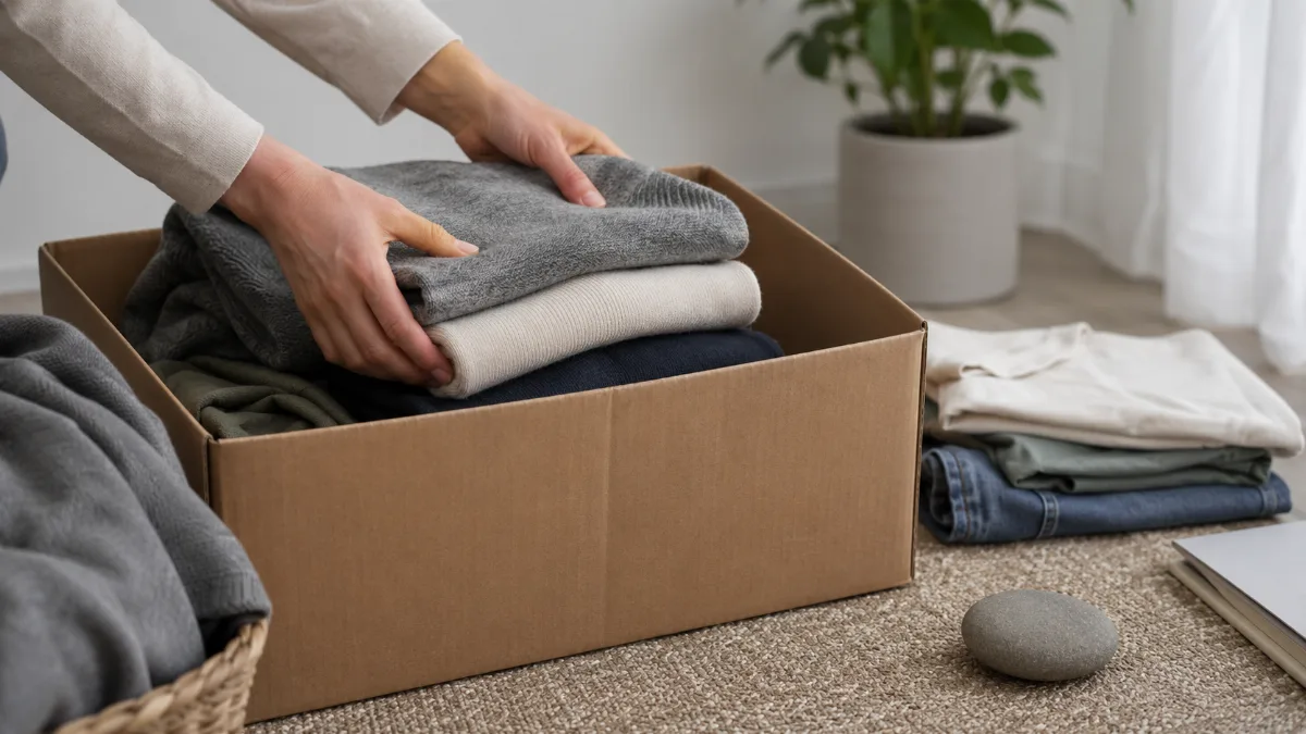 Donation box being filled with folded clothes on the floor