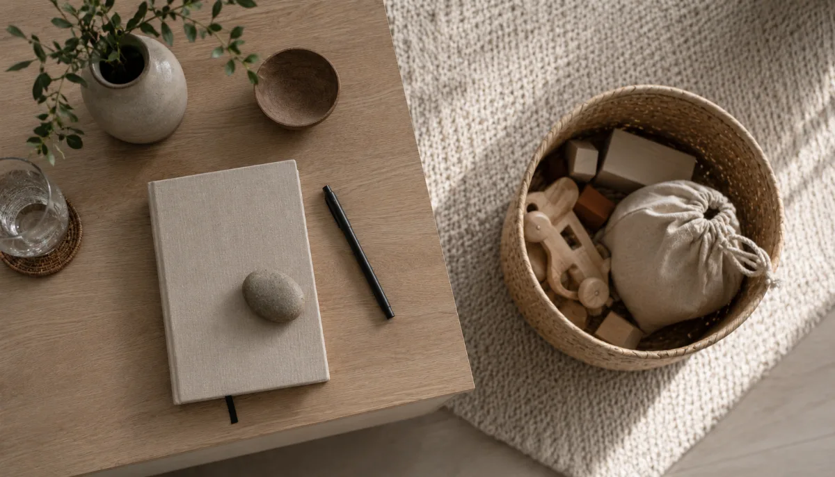 Tidy family room with a basket of wooden toys