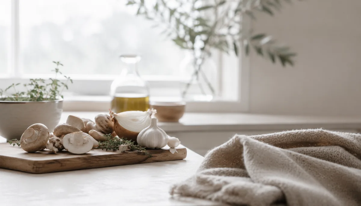 Calm kitchen counter with fresh simple ingredients on a wooden board