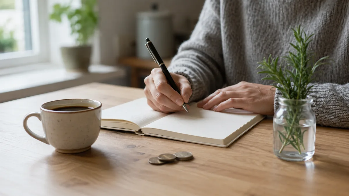 Kitchen table with a plain notebook, a few coins and a cup of coffee