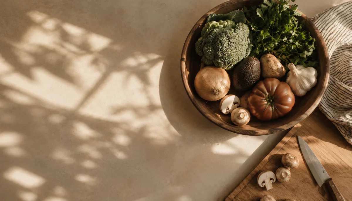 Wooden bowl of vegetables beside a chopping board