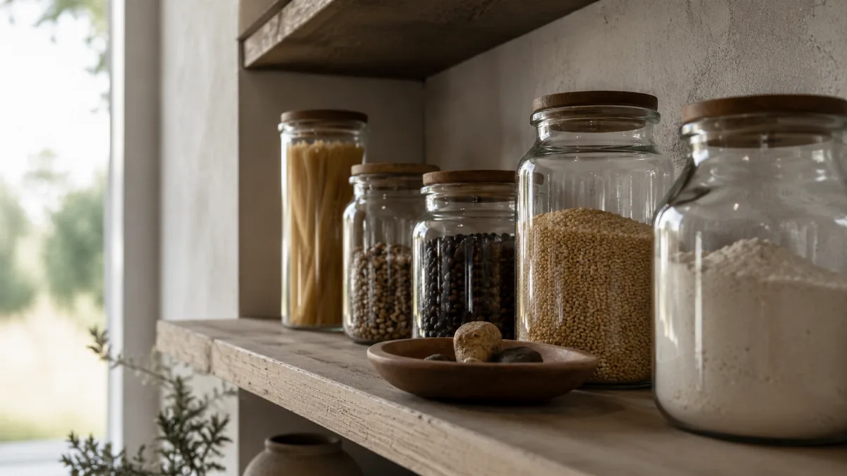 Minimalist pantry shelf with glass jars of staples